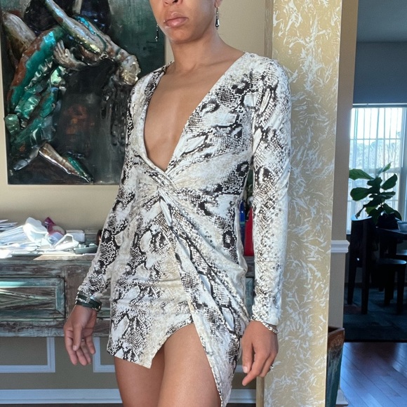 Windsor Snakeskin V-Neck Long Sleeve Faux Wrap Min Dress - Picture 3 of 7